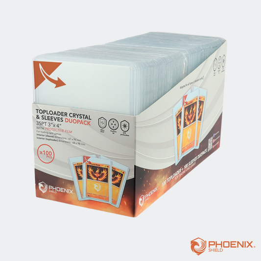 Duopack Boîte de 100 Toploader Crystal 100% + 100 sleeves - Phoenix Shield
