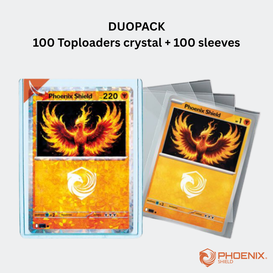 Duopack Boîte de 100 Toploader Crystal 100% + 100 sleeves - Phoenix Shield