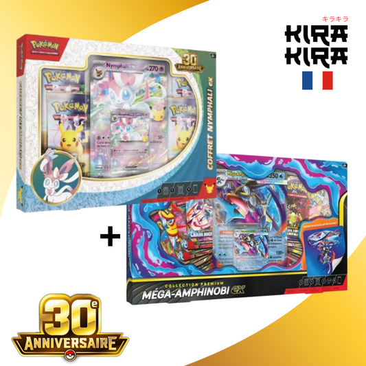 Pokémon Pack 30 ans - Coffret Nymphali ex ME05.5 30e anniversaire + Coffret Collection Premium Méga-Amphinobi ex - FR